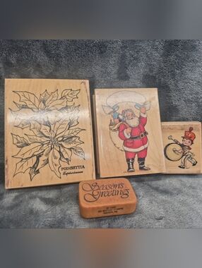 Wood Mounted Rubber Stamp DRUMMER BOY CAMPBELLS Poinsettia Santa Season Greeting
